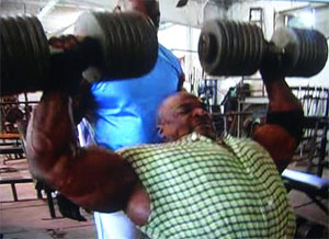 Ronnie Coleman 8 x Mr Olympia Pressing a pair of 160 Lbs. Dumbbells for reps on set #4!