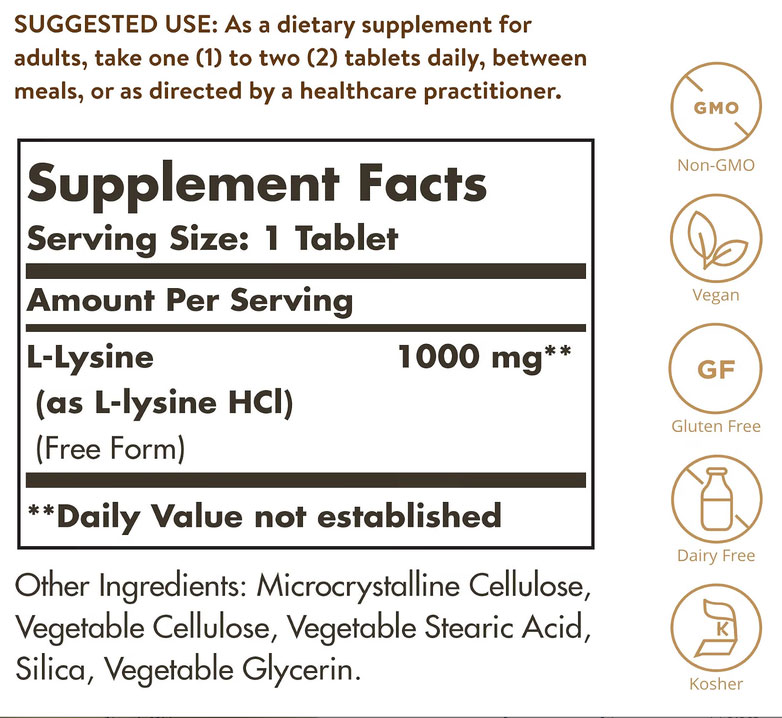 Solgar L-Lysine 1000mg Ingredient Listing